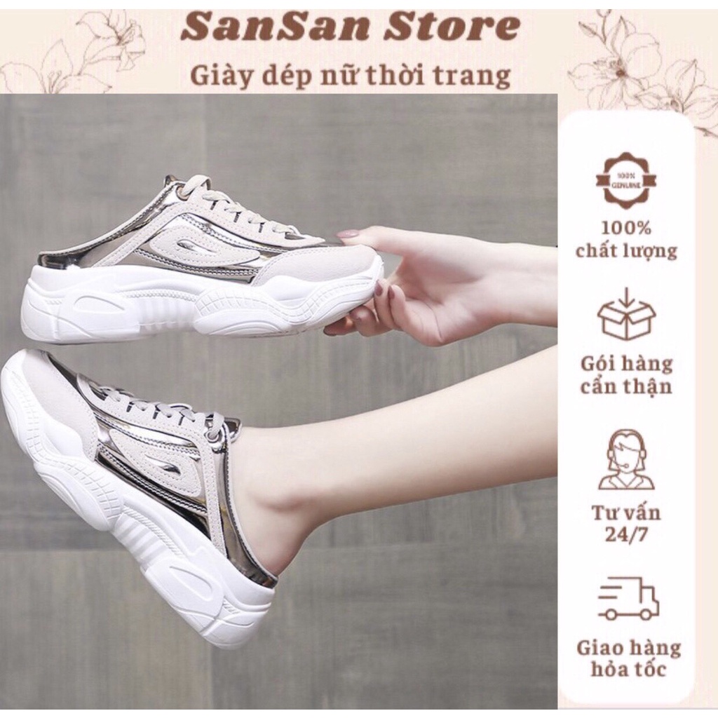 Giày sục thể thao nữ , sục nữ phối da bóng màu xám bạc có dây điều chỉnh độn đế 5p-k3