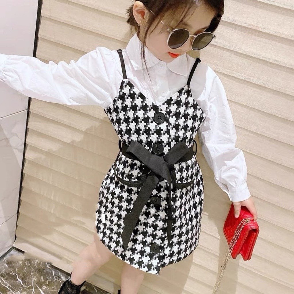 Váy bé gái yếm dạ ziczac kèm áo trắng thô hàn size 20-35kg cho bé