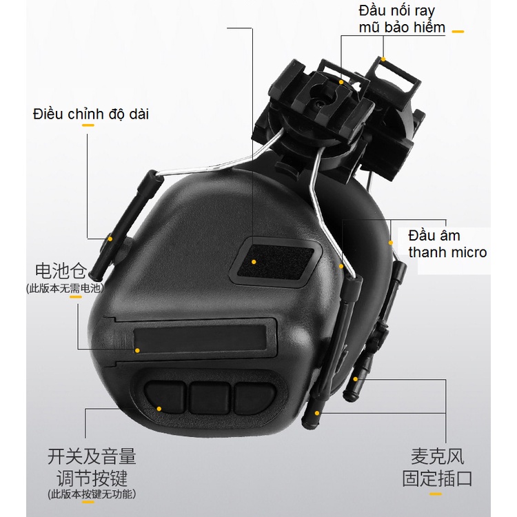 Tai nghe chiến thuật HD-10BK loại gắn mũ bảo hiểm thiết kế có thể tháo rời