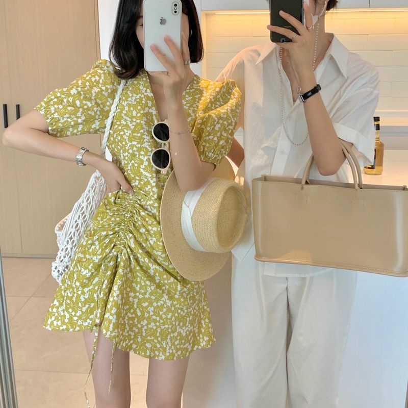 Đầm Hoa Đuôi Cá Cổ Chữ v Dáng Ôm Phối Dây Rút Xếp Ly Thời Trang Mùa Xuân Hàn Quốc Mới