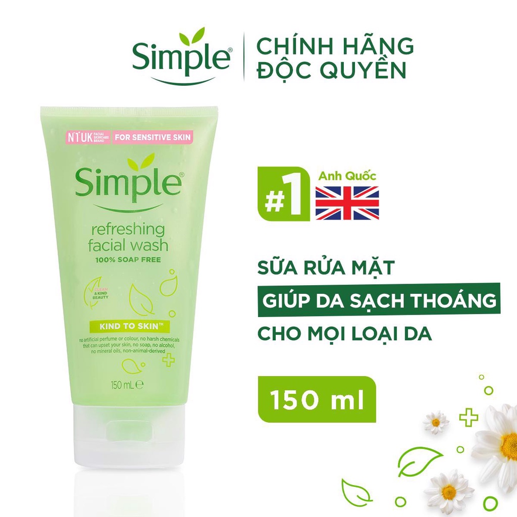 Combo Simple Tẩy Trang 200ml + Sữa Rửa Mặt 150ml + Nước Hoa Hồng 200ml Dịu Nhẹ Cho Da Khô, Nhạy Cảm Simple Kind To Skin