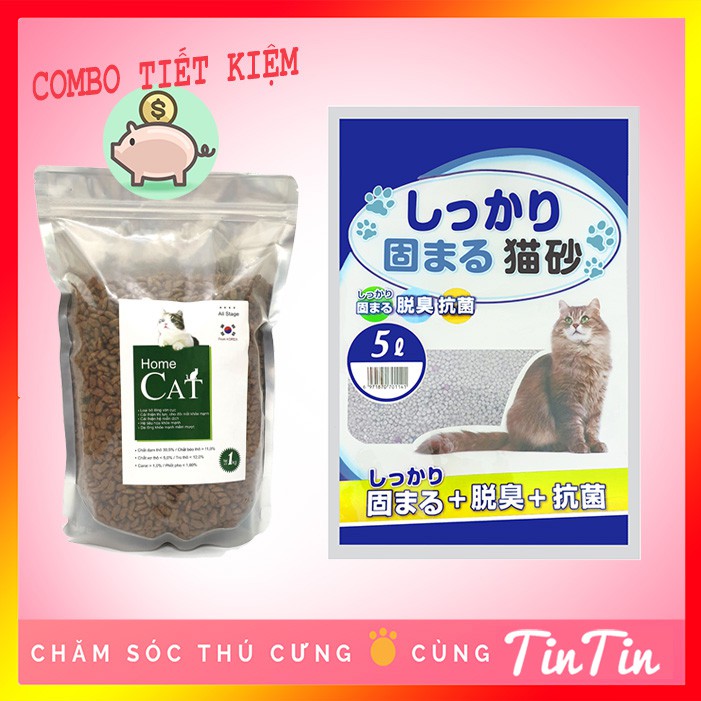 COMBO TIỆN ÍCH CHO MÈO: Cát Vệ Sinh Nhật Bản 5L/8L &amp; Thức ăn Cho Mèo Hạt Khô Home Cat 1kg Giá Rẻ