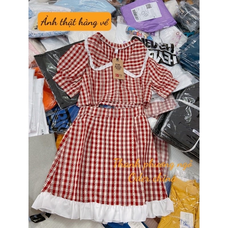 Set váy croptop kẻ ca ro xinh sắn có lót trong váy