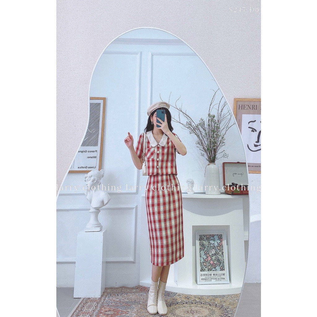 Set Áo Có Cổ Chân Váy Dài Kẻ Caro Phong Cách Hàn Quốc Đi Làm Cực Thanh Lịch S247