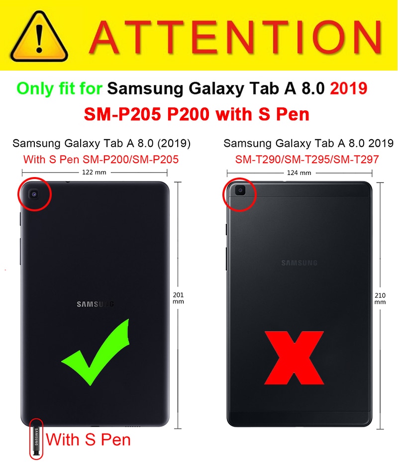 Ốp bảo vệ da có chân đế lật cho Samsung Galaxy Tab A 8.0 2019 SM-P200 SM-P205 kèm S Pen 8.0 inch