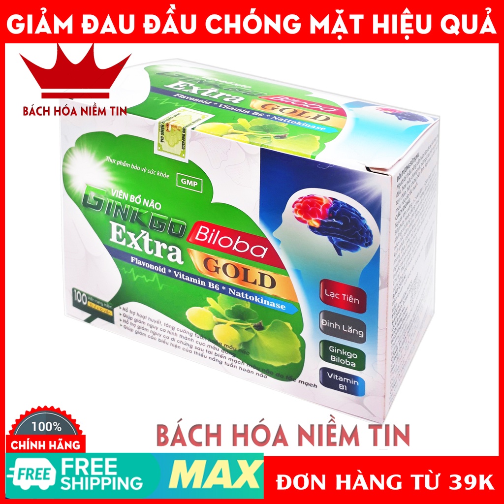 Hoạt huyết dưỡng não Ginkgo Biloba Extract 1000mg giảm đau đầu, hoa mắt, chóng mặt, rối loạn tiền đình - Hộp 60 viên