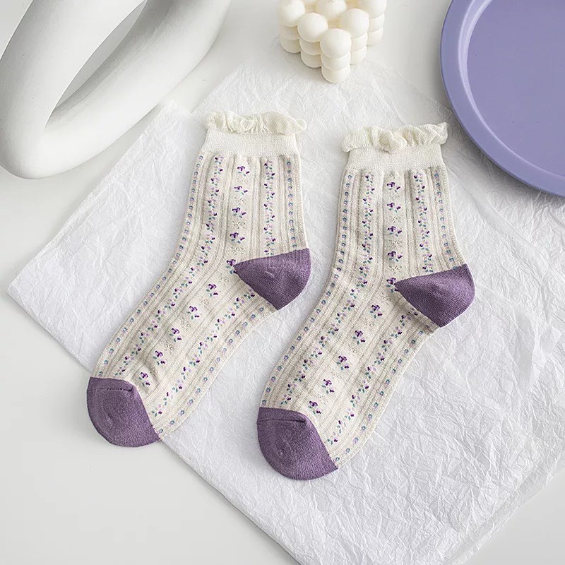 Set 5 đôi tất cổ cao Bivota vớ nữ hàn quốc hoạ tiết tím nhẹ nhàng T84