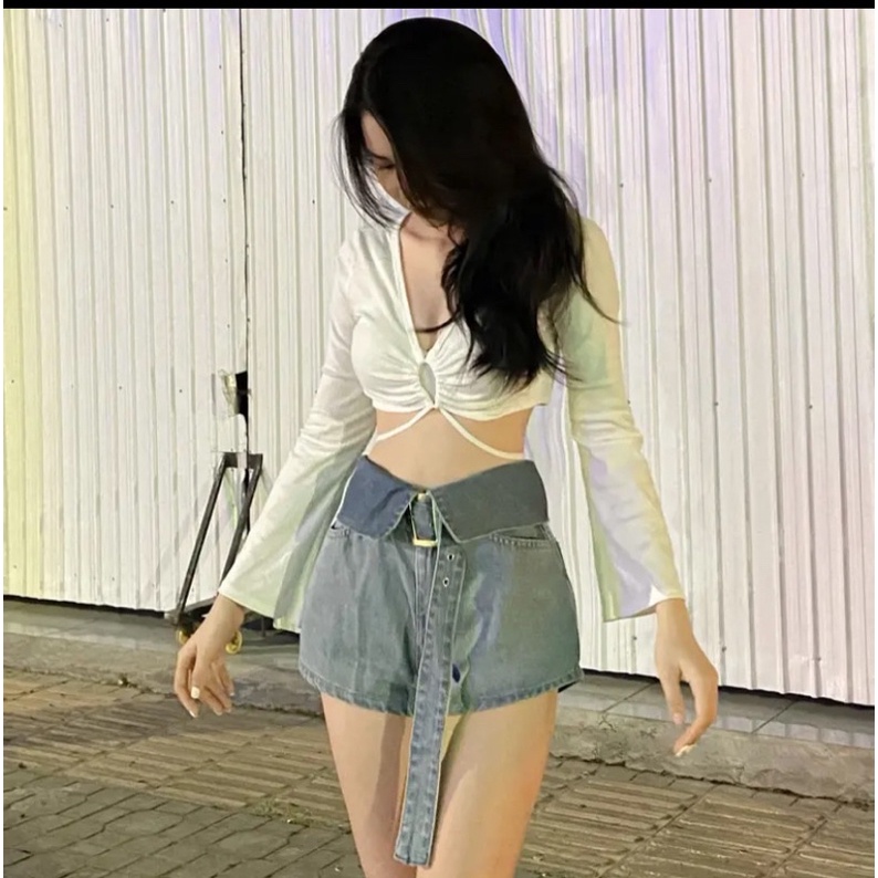 Áo croptop thun gân tay loe dài màu trơn cổ V rút dây khoét ngực sexy - Mã: 755 TV-Fashion