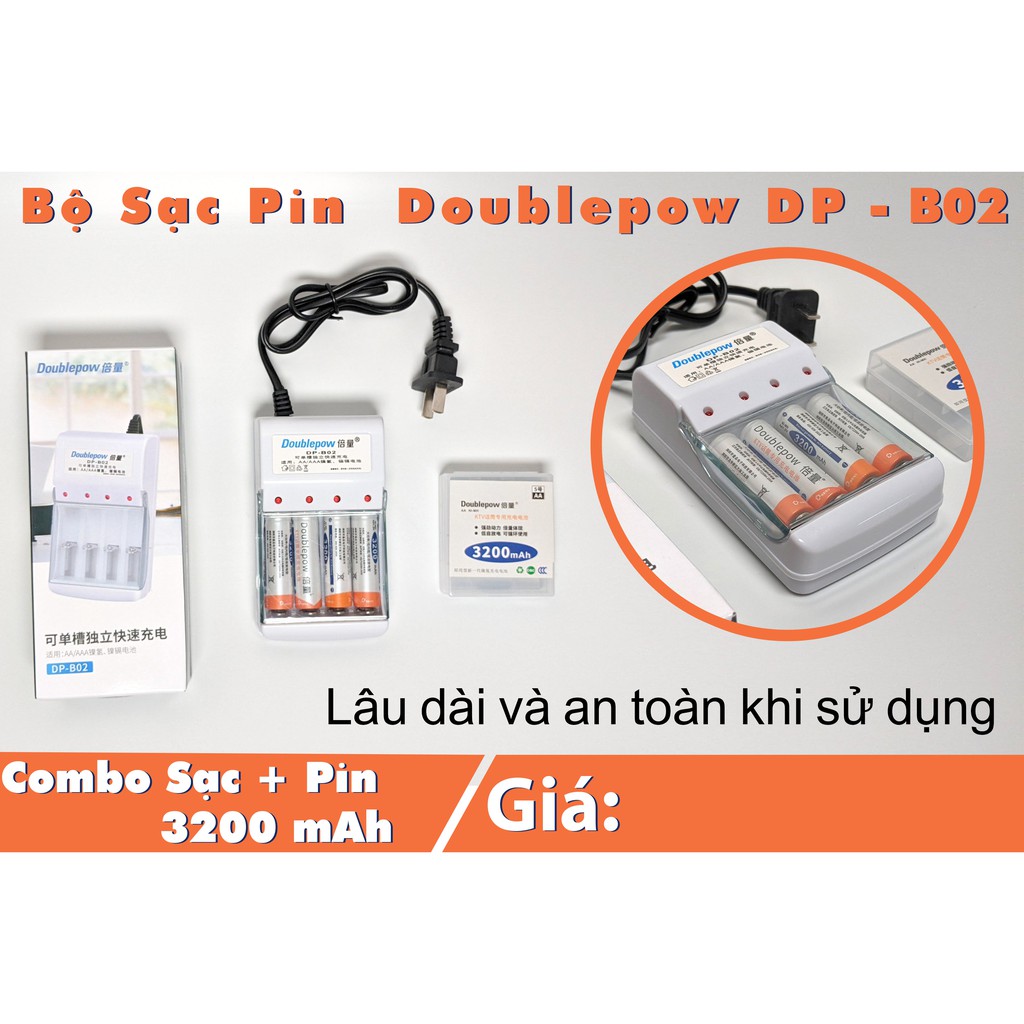 Combo 4 Pin sạc AA 3200mah và sạc đa năng Doublepow DP-B02 chính hãng, chất lượng: giá siêu tốt hàng nhập loại 1 - Bảo h