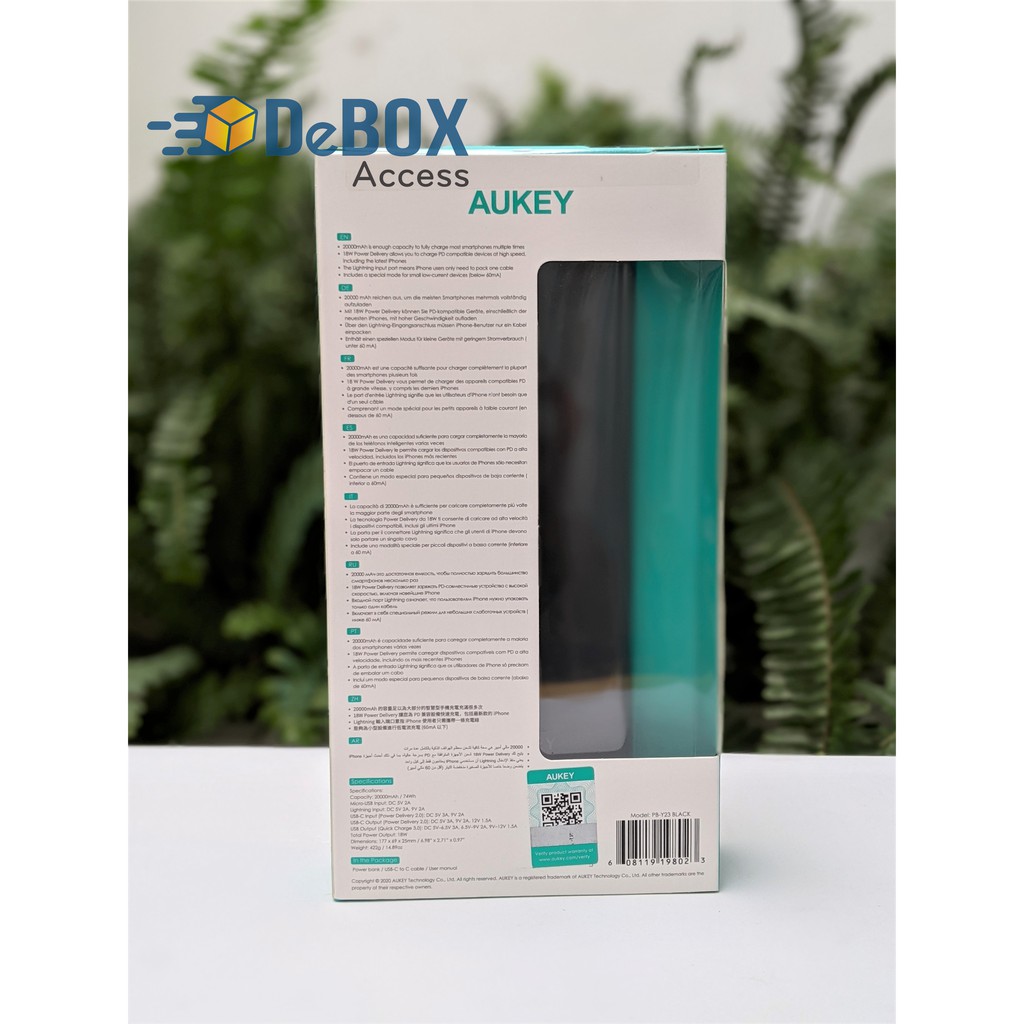 Pin Sạc Dự Phòng 20000mAh AUKEY PB-Y23, QC 3.0, PD 18W, Cổng Lightning In - BH 24 Tháng Chính hãng