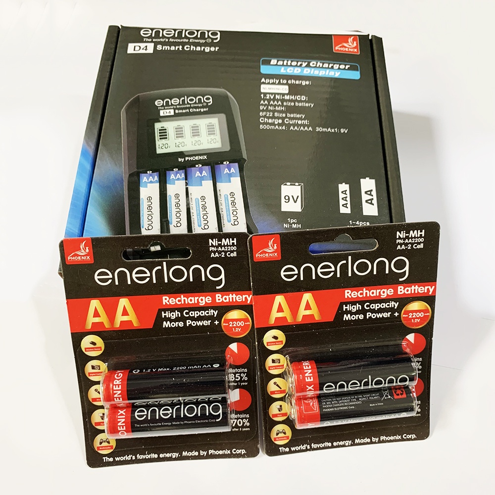 Combo máy sạc pin ENERLONG D4 Smart charger + KÈM pin sạc 4 viên AA 2200mAh, 2600mAh (Hàng nhập khẩu)