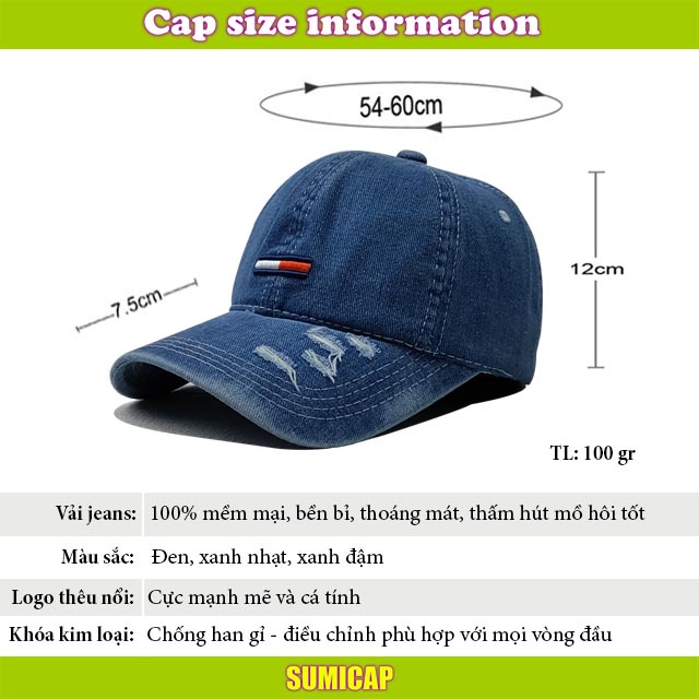 Mũ lưỡi trai nón kết jean bò thời trang nam nữ đẹp rách thể thao cá tính màu đen xanh Sumicap