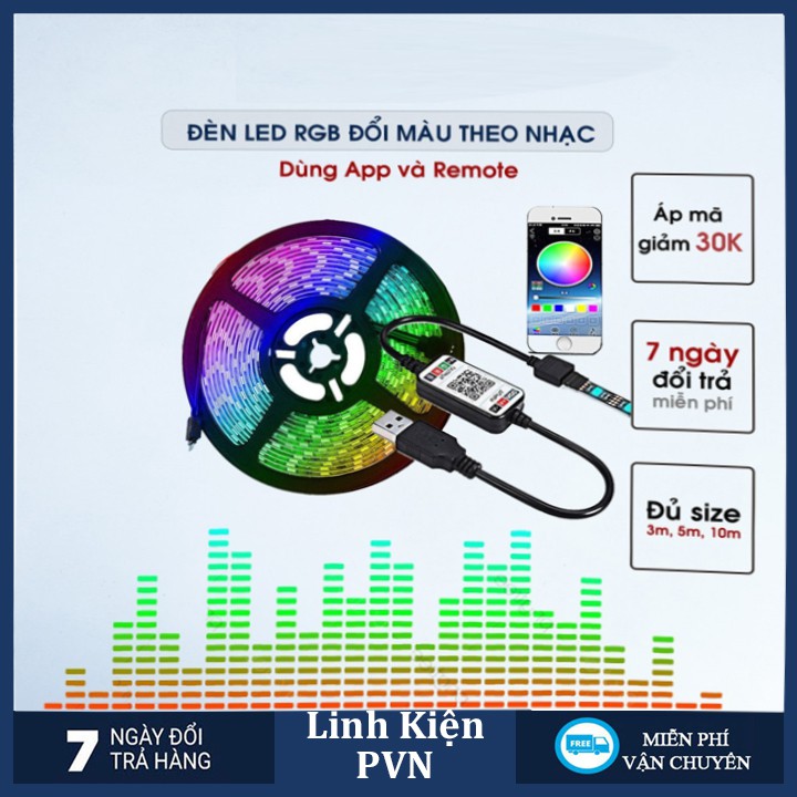 Đèn led Tiktok đổi màu RGB dùng App 10m, 5m cảm biến nhạc trang trí IP65 bọc keo silicone