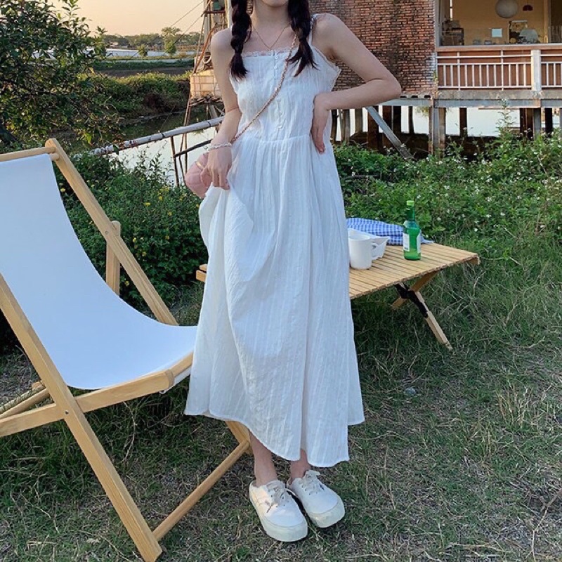 [Ảnh thật/Video]Đầm hai dây Mizu vintage phối ren trắng tiểu thư Váy 2 dây  cúc ngực dáng dài phù hợp đi dã ngoại