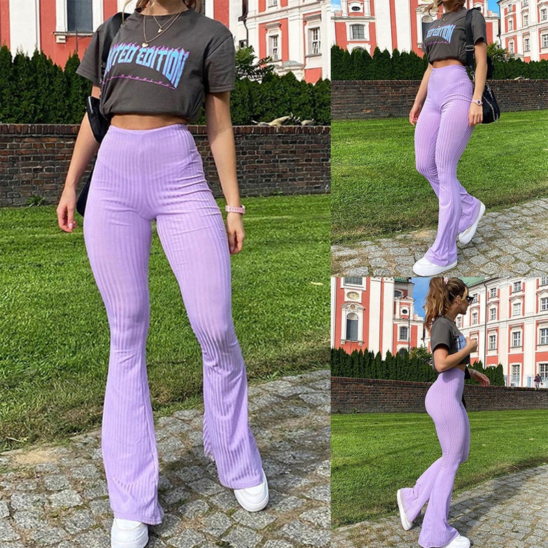 Quần Dài Dệt Kim Ống Loe Ôm Dáng Lưng Cao Cho Nữ