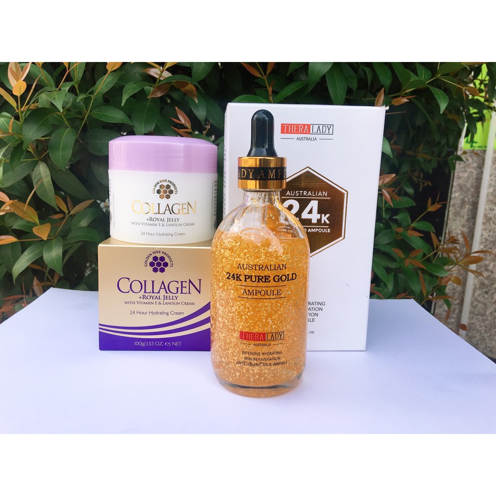Combo Serum Vàng 24k PURE GOLD + Kem COLLAGEN kết hợp Sữa Ong Chúa và Nhau Thai Cừu
