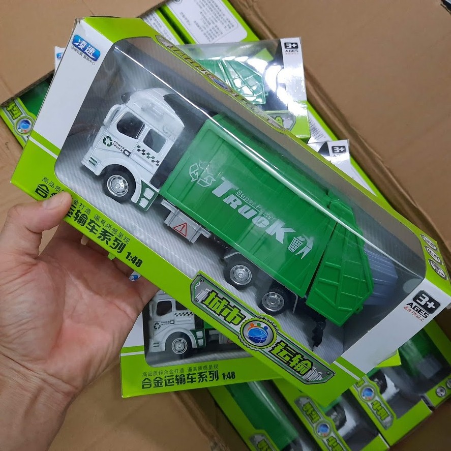Xe ô tô chở rác đồ chơi trẻ em tỉ lệ 1:48 chạy cót đầu xe bằng kim loại