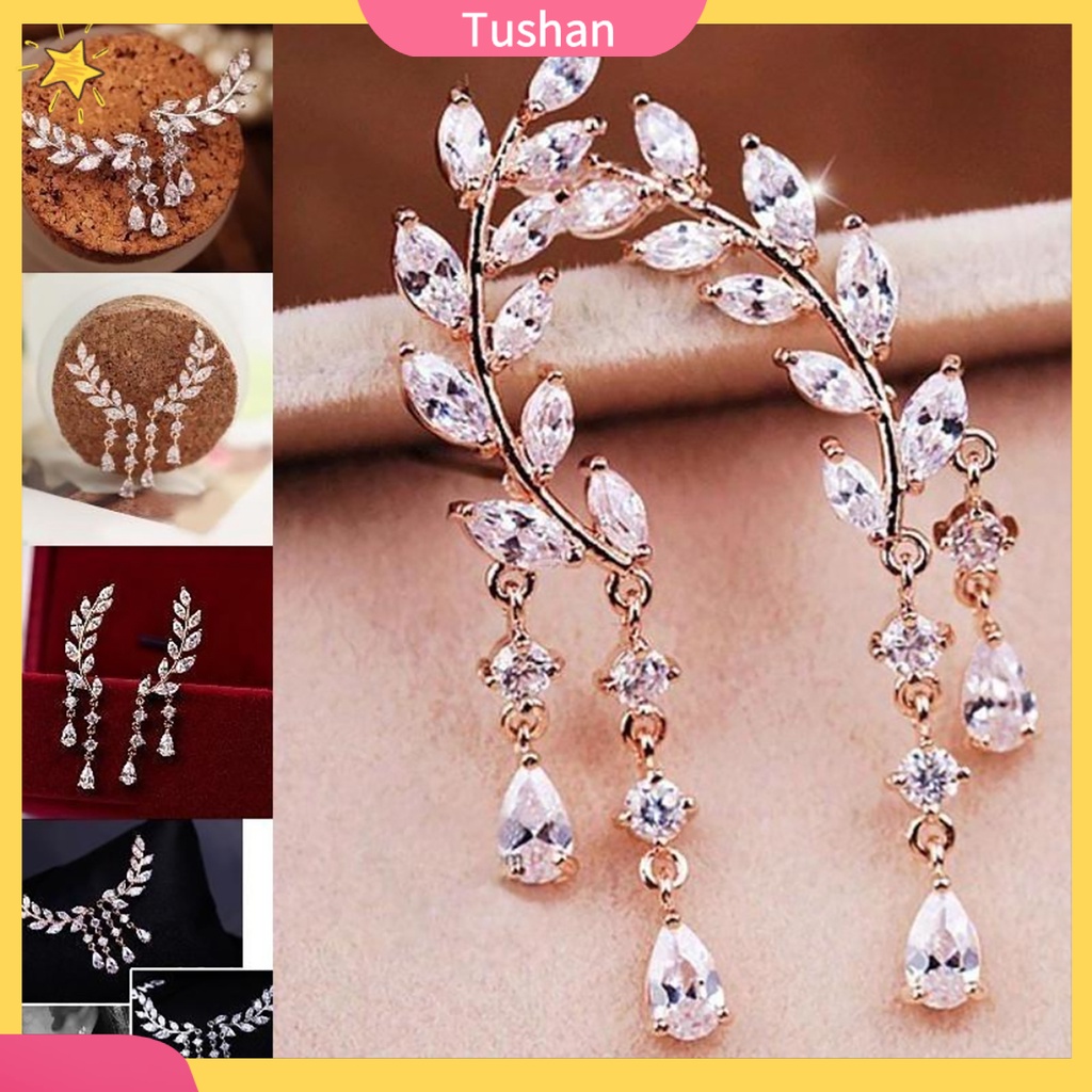 Hoa tai đính đá kiểu hình chiếc lá xinh xắn tiện dụng cho nữ