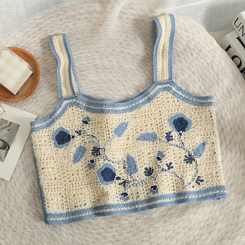 Áo Croptop Dệt Kim Sát Nách Thêu Họa Tiết Hoa Lá Phối Hạt Cườm Thời Trang Cổ Điển Cho Nữ