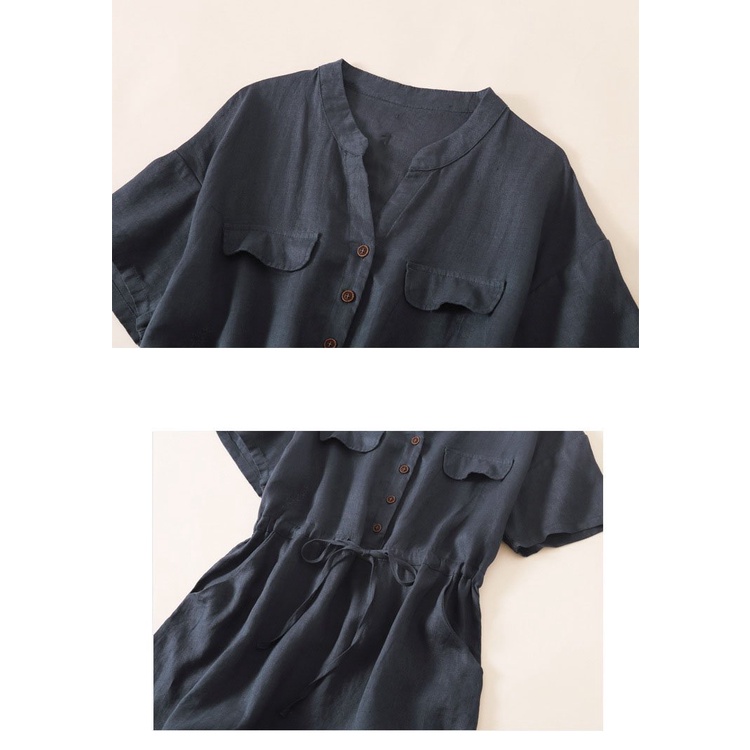Đầm Suông nữ Chất Linen Cao Cấp, Cổ V, 2 Túi đắp Dây Thắt Eo Da163