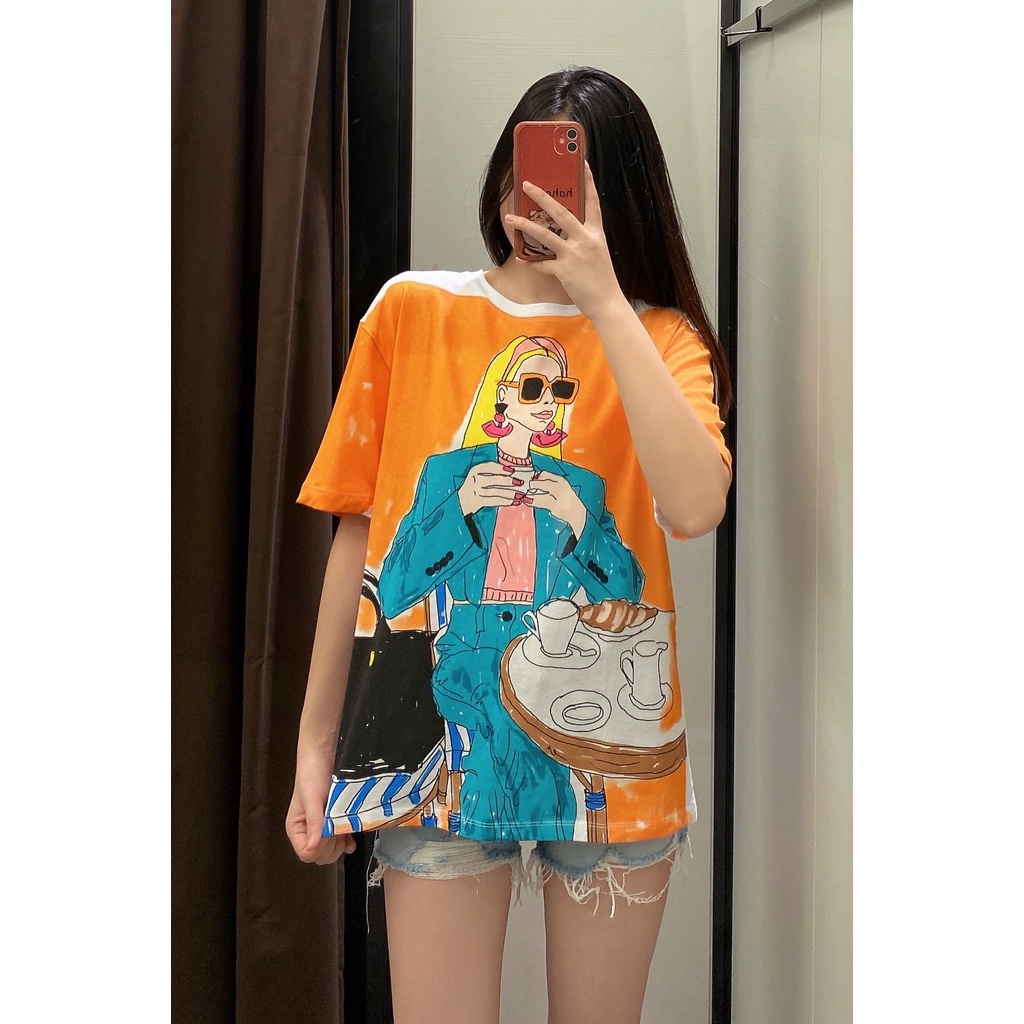 Áo Thun Tay Ngắn Cổ Tròn Dáng Rộng In Hình Cô Gái Uống Trà Chiều Thời Trang Mùa Hè Zara 221131823 Bán Buôn