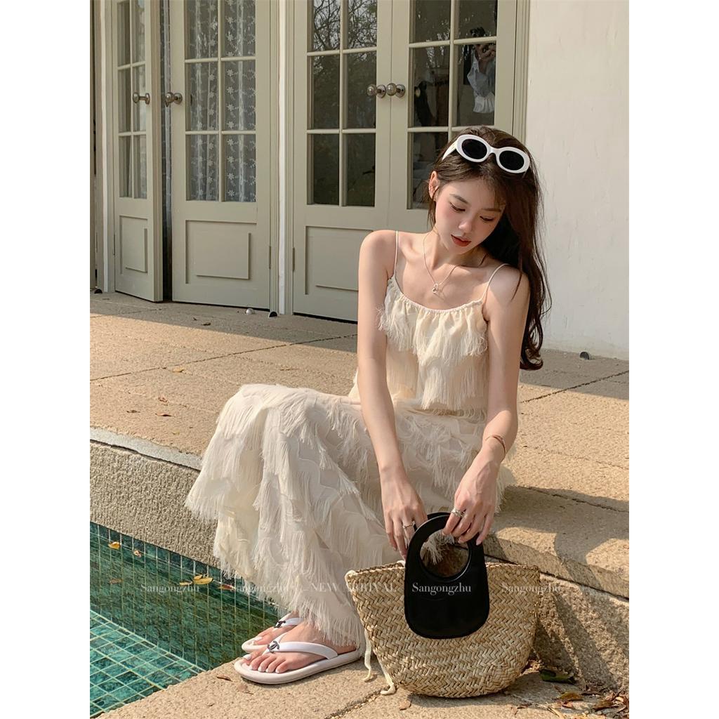 Đầm MIDI Hai Dây Dáng Rộng Phong Cách Hàn Quốc Lãng Mạn