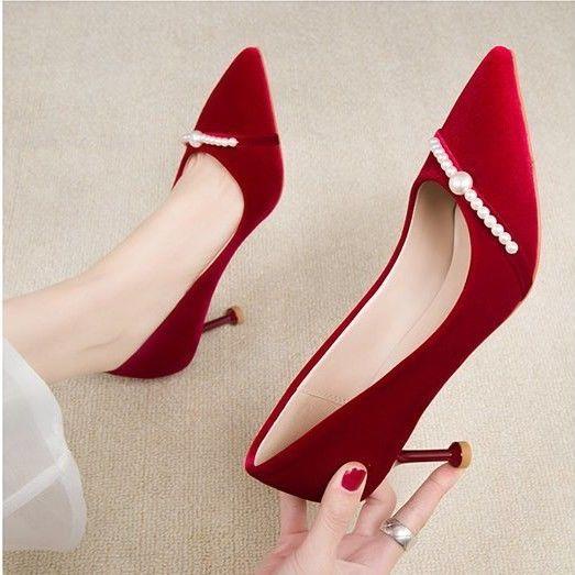 Xiuhe Giày Cao Gót Da Lộn Màu Đỏ Rượu Vang Đính Ngọc Trai Phong Cách Trung Hoa Cho Cô Dâu