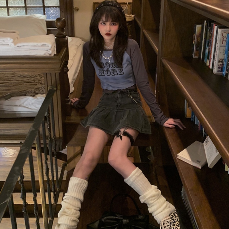 Xiaozhainv Chân váy jean lưng cao phong cách Hàn Quốc thời trang cho nữ