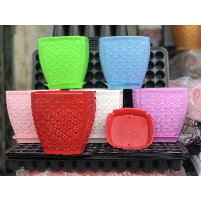 Combo 2 chậu nhựa kim cương có dĩa lót size 19cm