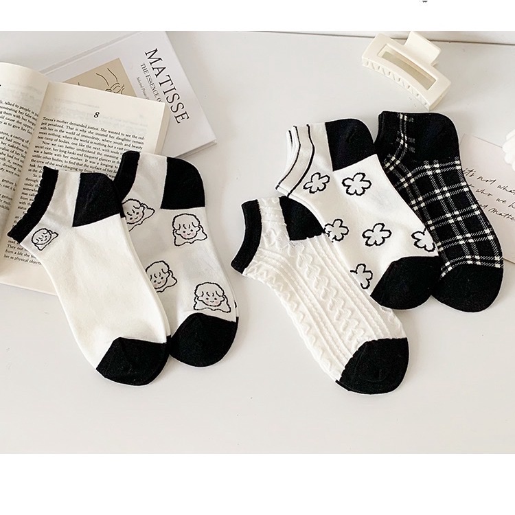 Tất nữ vớ cổ ngắn set 5 đôi nhiều màu họa tiết cute phong cách Hàn Quốc trẻ trung chất liệu co giãn thoáng mát