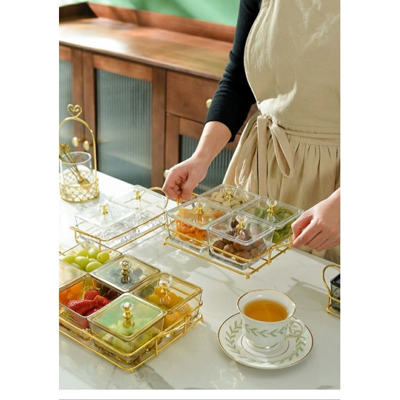 Combo Bộ Khay Mứt Tết 4 hộp thủy tinh có nắp đậy  kèm giá đựng kim loại hàng cao cấp