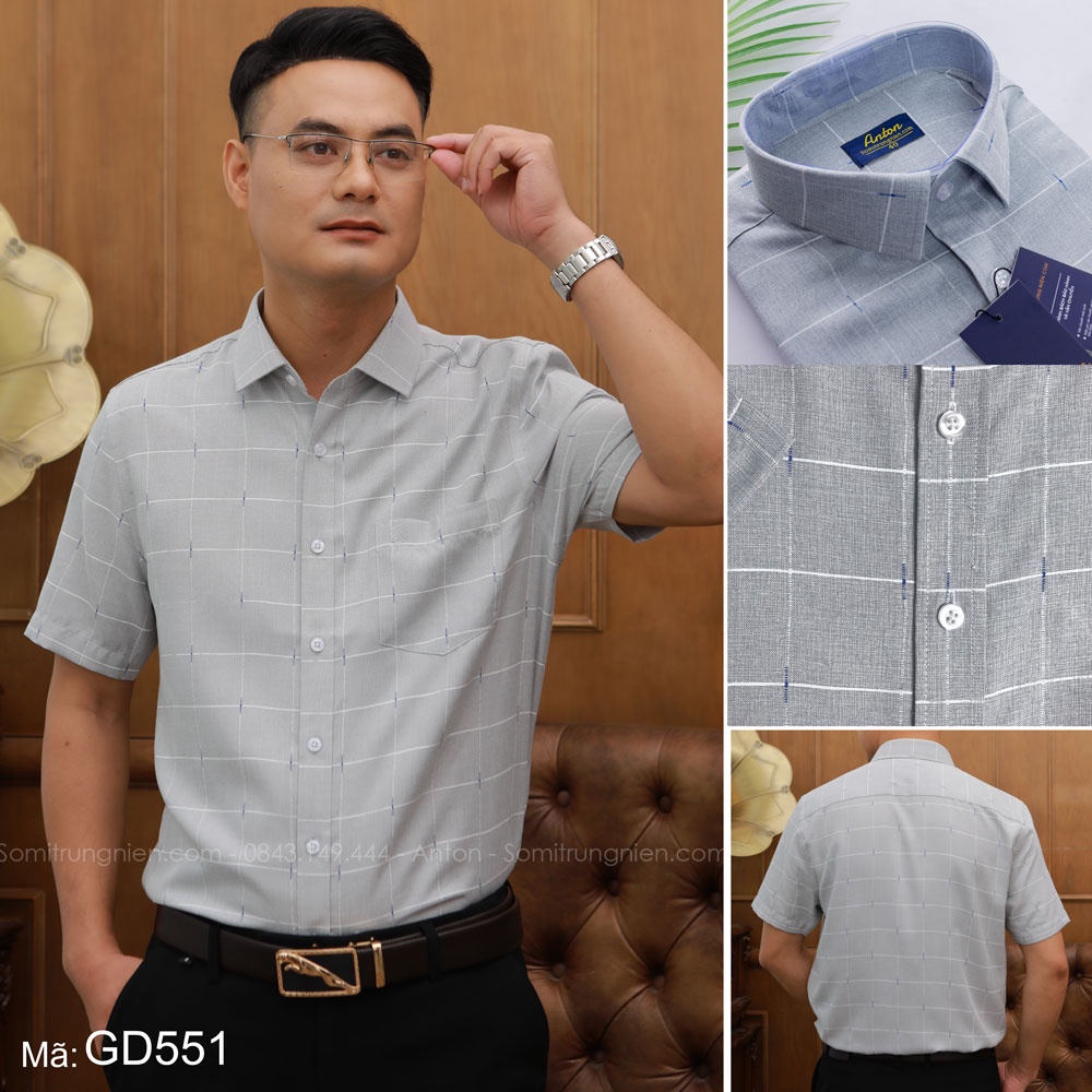 Áo Sơ Mi Nam Công Sở Trung Niên Thương Hiệu Anton Màu Ghi Xám Vải Cotton Họa Tiết Kẻ Sọc Trắng In Chìm – GD551