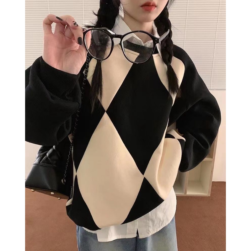 Áo sweater cổ tròn tay dài dáng rộng phong cách Hàn Quốc mới năm 2021