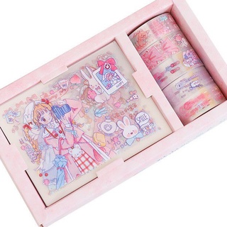 Hộp 5 cuộn Washi Tape và 8 tấm hình dán trang trí