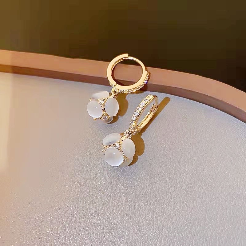(Chuôi Bạc 925) E89 Khuyên Tai Bông Tai Nữ Hoa Đá Mắt Mèo Đẹp Ring House