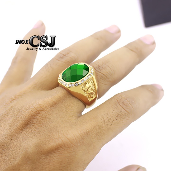 NHẪN NAM INOX MẠ VÀNG 2 BÊN CON RỒNG ĐÁ XANH LÁ siêu đẹp - tặng hộp đựng xinh xắn