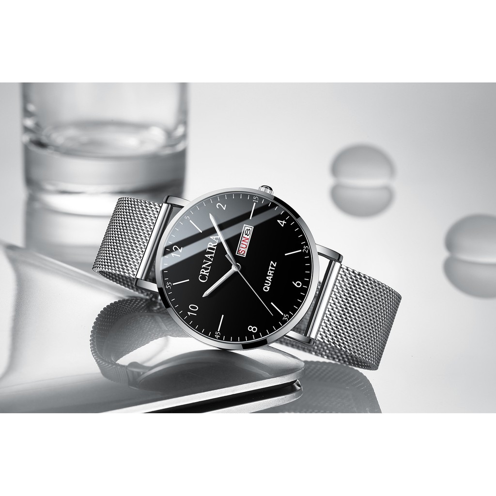 Đồng hồ nam Crnaira C8899 chạy 2 lịch không thấm nước 3ATM siêu mỏng italia dây thép mành cao cấp | BigBuy360 - bigbuy360.vn