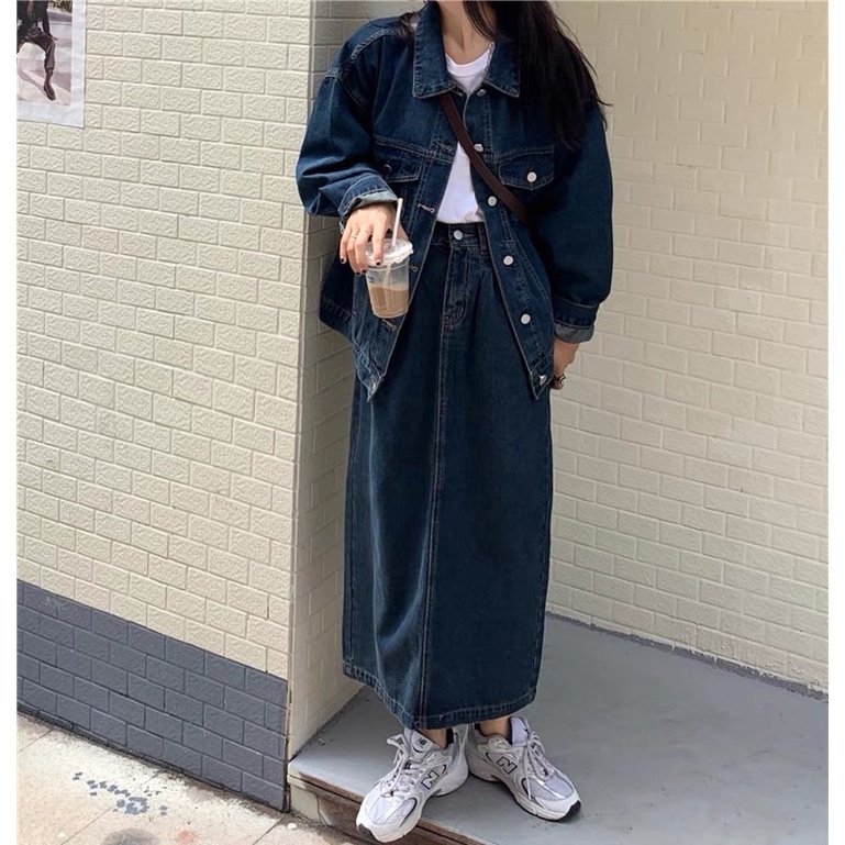 Set áo khoác denim & chân váy dài xanh đậm