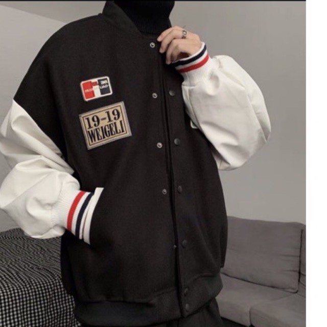 [CÓ CLIP ÁO]  ÁO BOMBER- ÁO VARSITY TAY DA MÀU ĐEN CHẤT DẠ ÉP | BigBuy360 - bigbuy360.vn