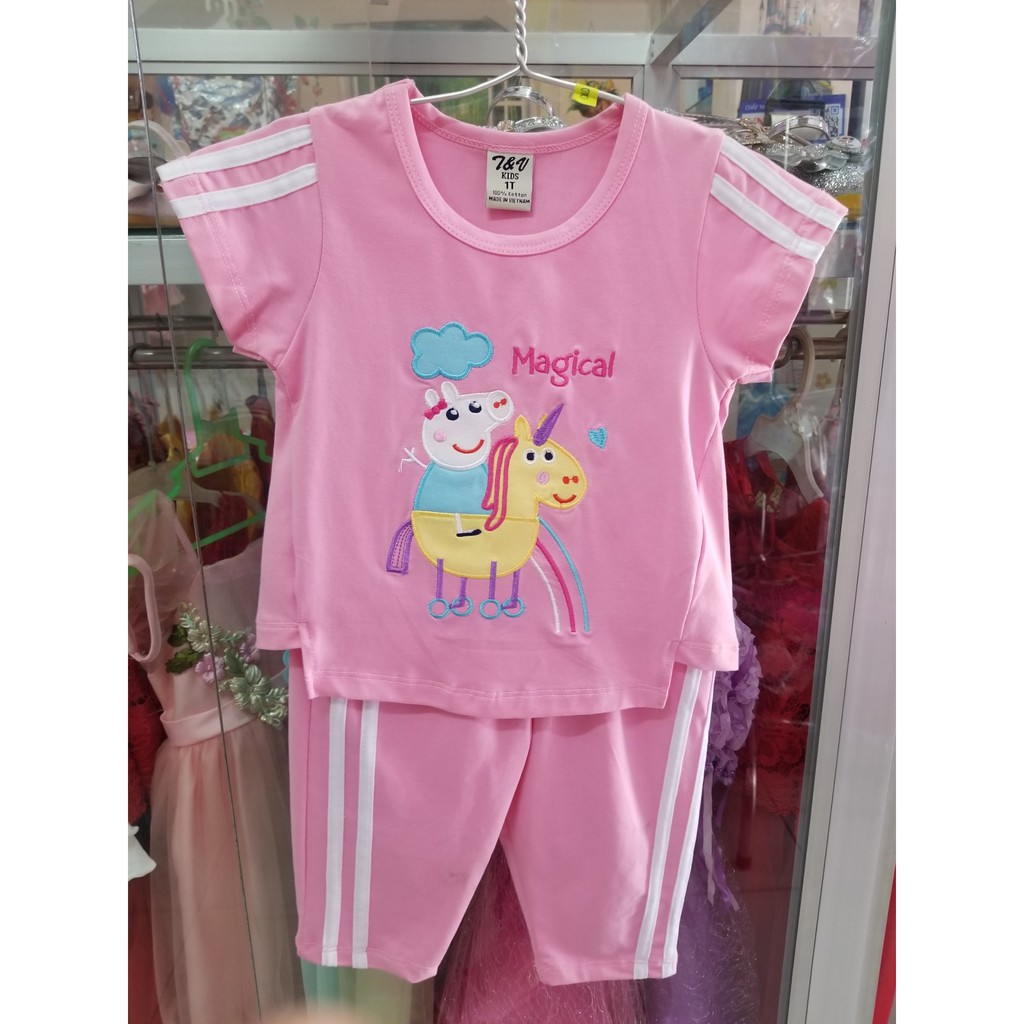 Bộ thun bé gái in heo peppa và ngựa sừng quần sọc 10-36kg