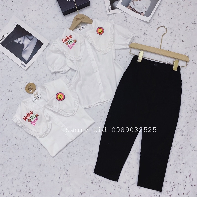 Set áo Sơmi cổ sen Thêu Quần Baggy Vải mềm đi học cho bé gái size đại 16-41kg xinh xắn