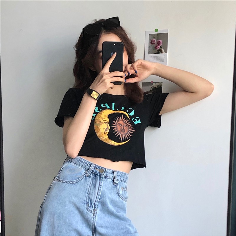 Áo Croptop Tay Ngắn In Họa Tiết Phong Cách Retro Harajuku Cho Nữ