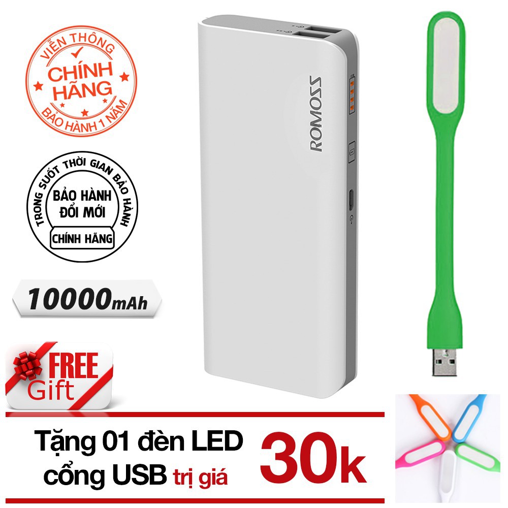 Combo Pin sạc dự phòng 10000mah Romoss Solit 5 - Hãng Phân phối chính thức (Trắng) và Đèn Led USB