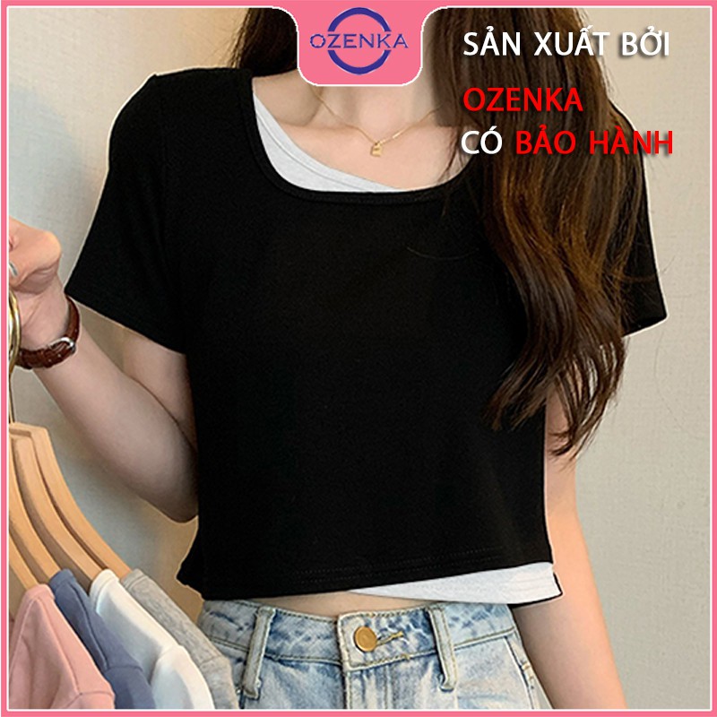 Áo croptop cổ vuông tay ngắn nữ ôm body cải màu xinh xắn chất thun gân cotton 100% nhiều màu một size dưới 50 kg OZENKA