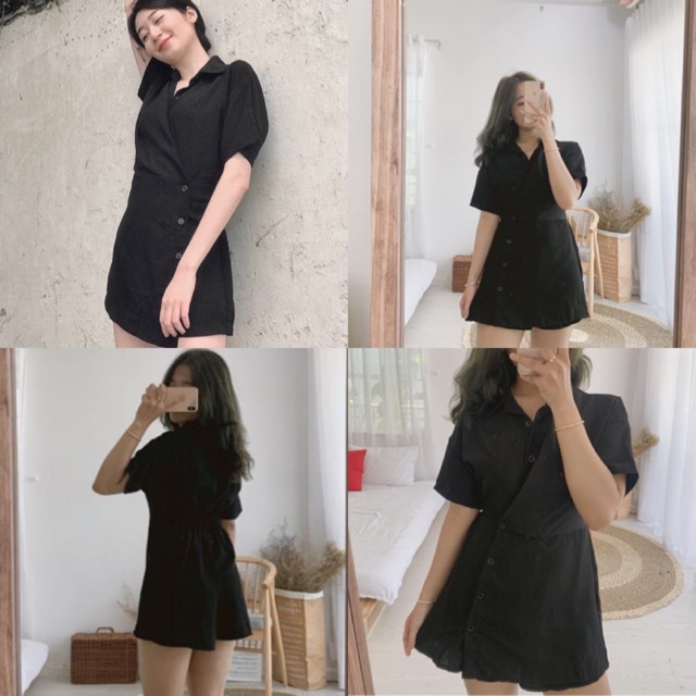 Chie Jumsuit siêu tôn dáng thiết kế basic jum đen vải cát hàn sau lưng bo chun áo chéo váy có nút