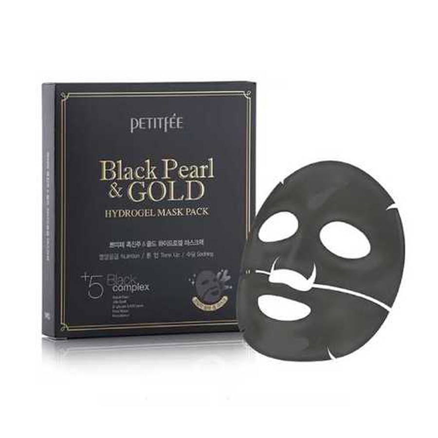 Mặt nạ mặt PETITFEE Black Pearl & Gold Hydrogel (Hộp 5 cái) tinh chất ngọc trai đen và vàng 24K