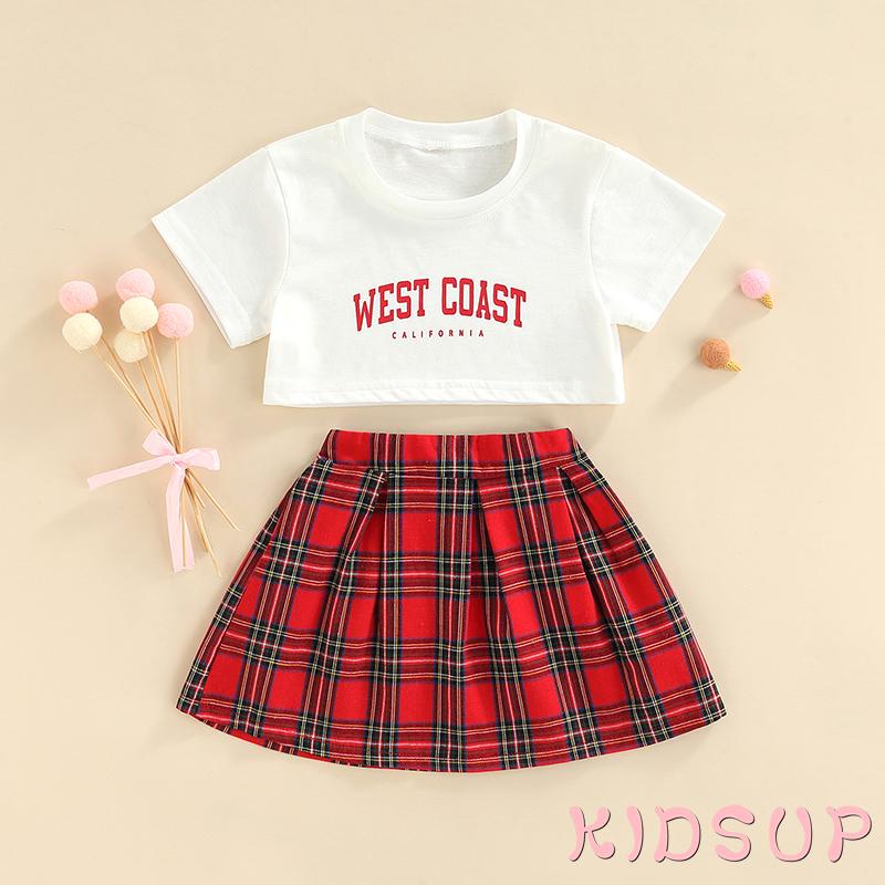 Set Áo Croptop Tay Ngắn Cổ Tròn + Chân Váy Sọc Ca Rô Thời Trang Xinh Xắn Cho Bé Gái 7 Tuổi