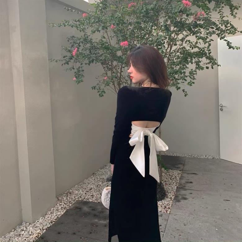SẴN🖤Đầm ôm body nhung tay dài cột nơ hở lưng sang chảnh tiểu thư|Đầm suông xẻ đùi quyến rũ sexy dự tiệc (*&