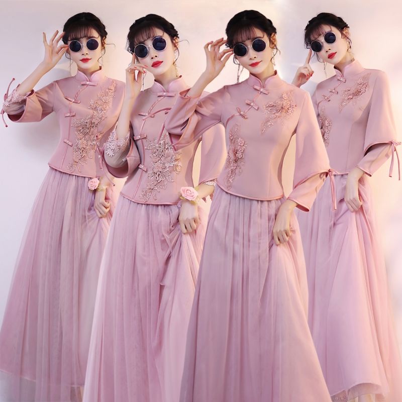 Set trang phục phù dâu dáng dài phong cách trung hoa kèm kính tùy chọn