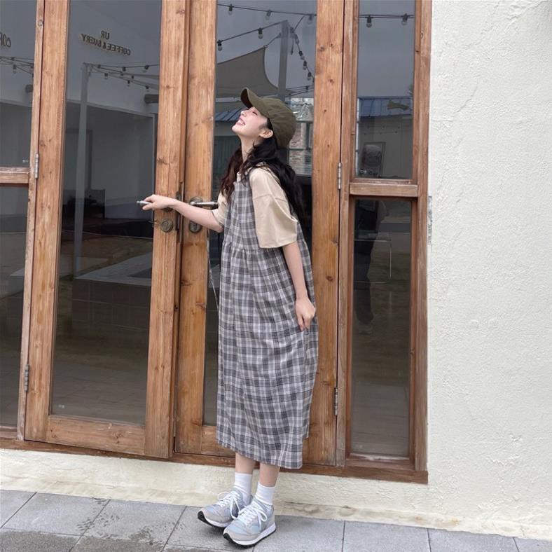 Đầm Maxi dây Dễ thương Kẻ sọc caro Form rộng Mùa Hè Ulzzang Hàn Quốc Váy Midi dài Cute Tiểu thư Thời trang  ྇